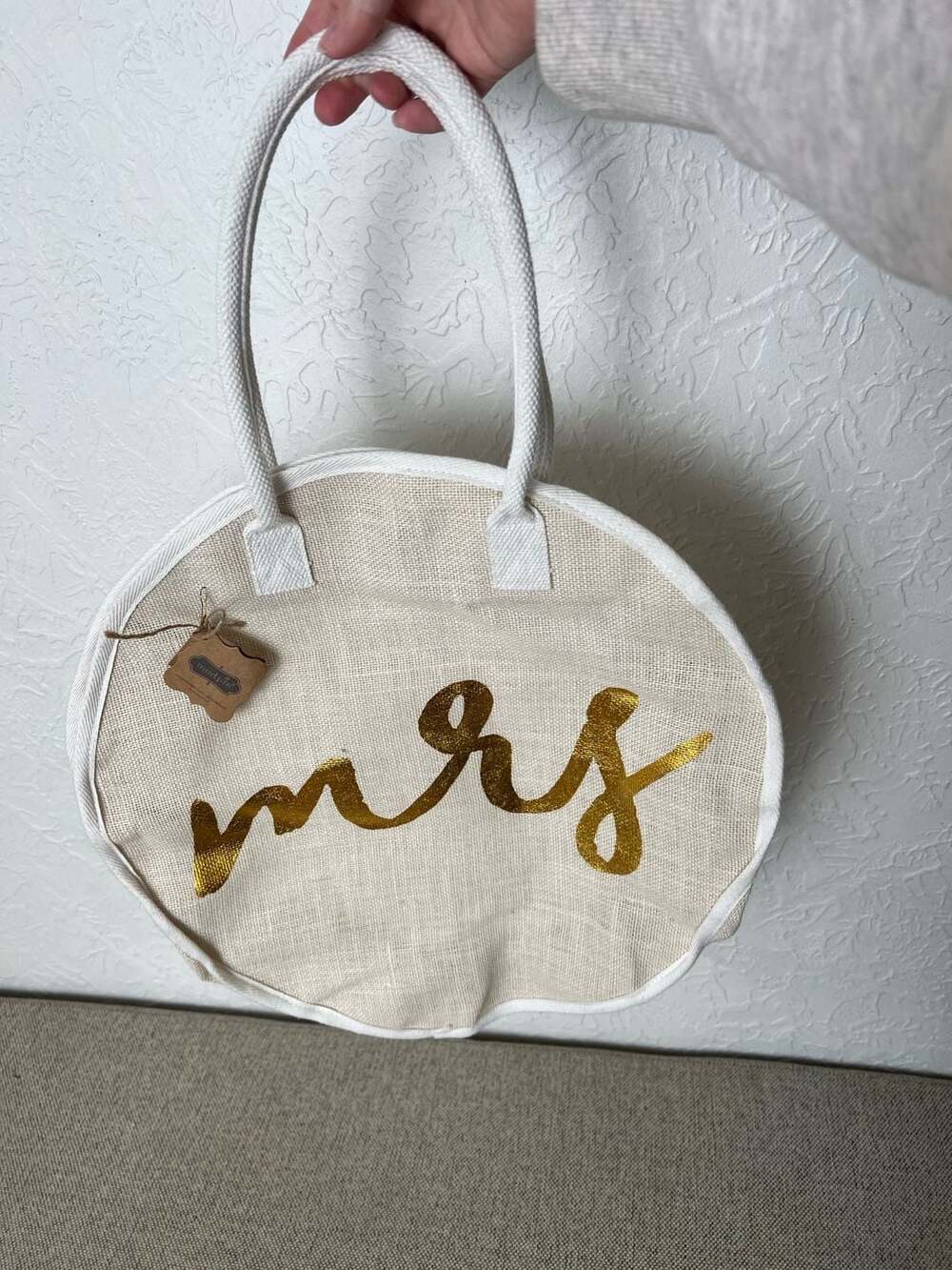 Mud Pie Round "Mrs" Jute Tote Bag